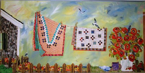 'airing the quilts' 24"x48" acrylic and mixed media on stretched canvas ... SOLD
