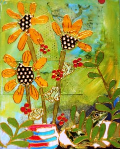 'frog in the garden' acrylic and mixed media on stretched canvas ... 