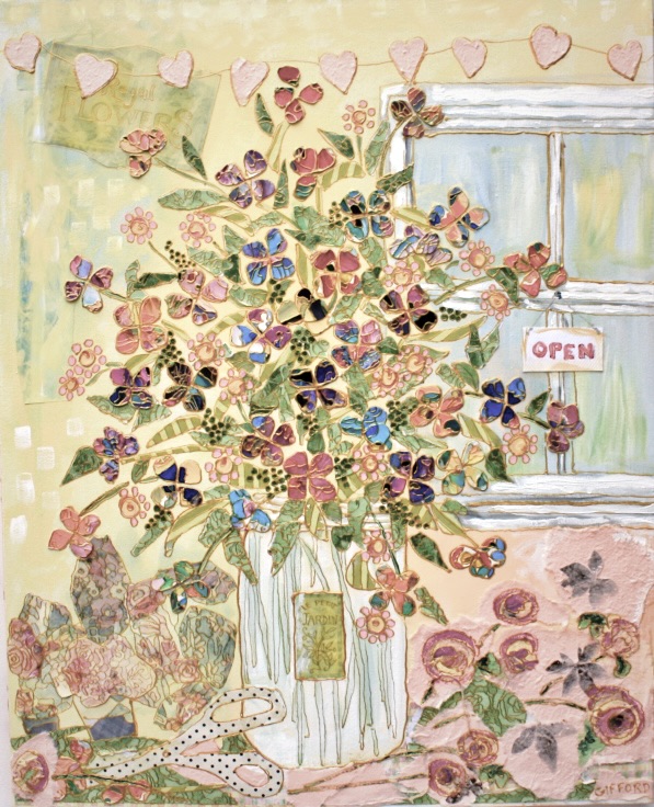 'Valentine's Day at the Florist'.  24x30  acrylic and mixed media   $350 